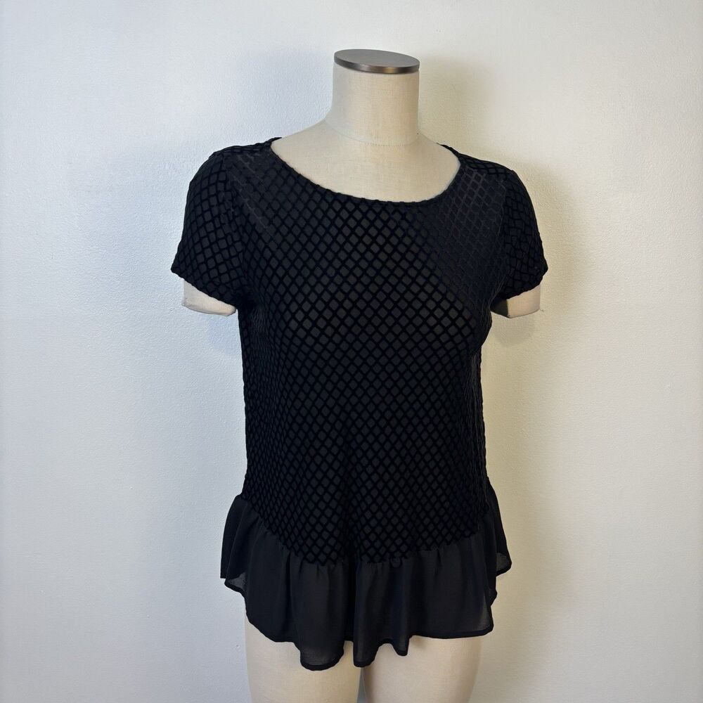 Adrianna Papell Womens S Black Short Sleeve Velvet Burnout Peplum Top Sheer